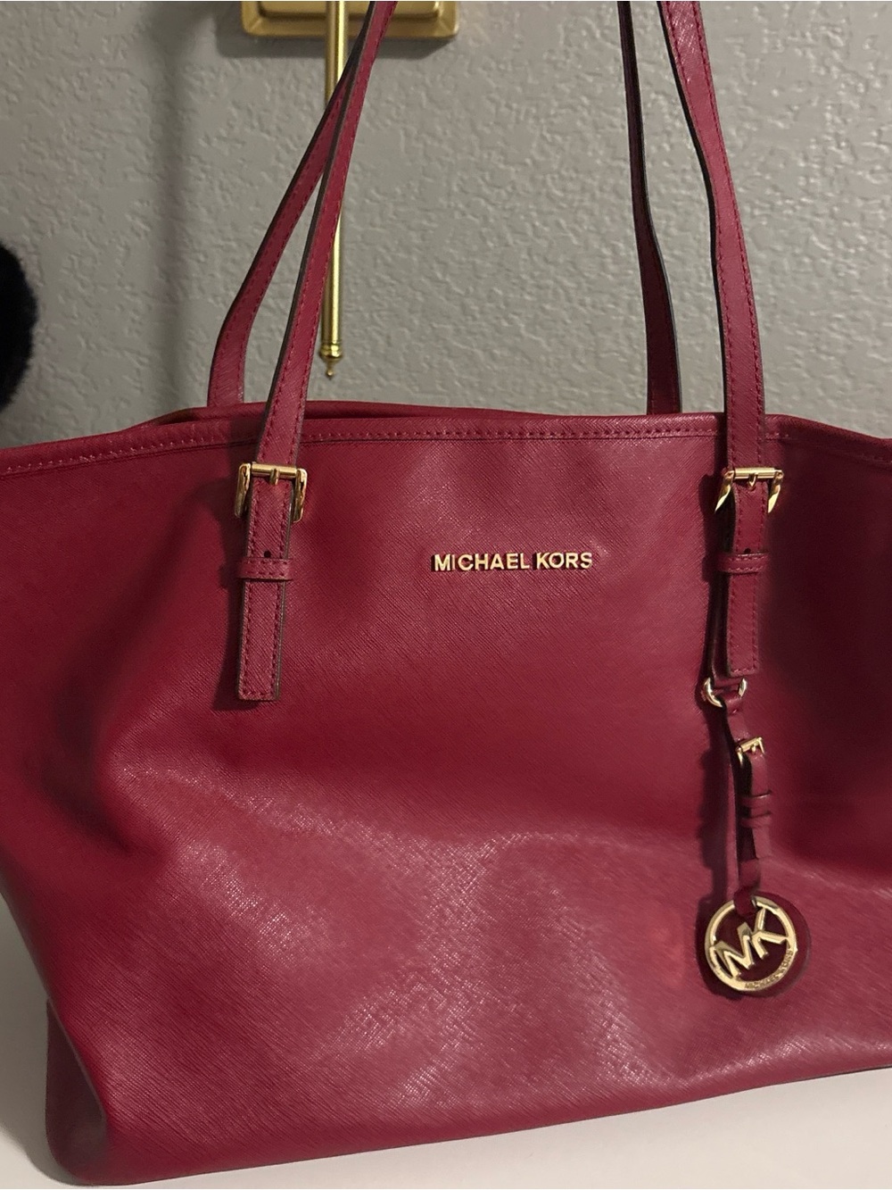 Michael Kors Burgundy Leather Tote with Gold Hardware